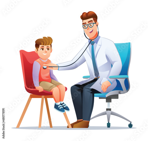 Doctor examining a little boy by stethoscope. Vector cartoon character illustration