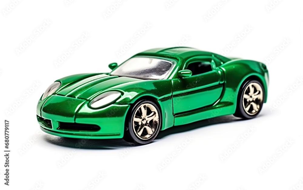 Green plastic sport car isolated on white background. A toy for St Patricks Day poster design, sale banner or greeting birthday card for a boy. Studio light, copy space. AI Generative.