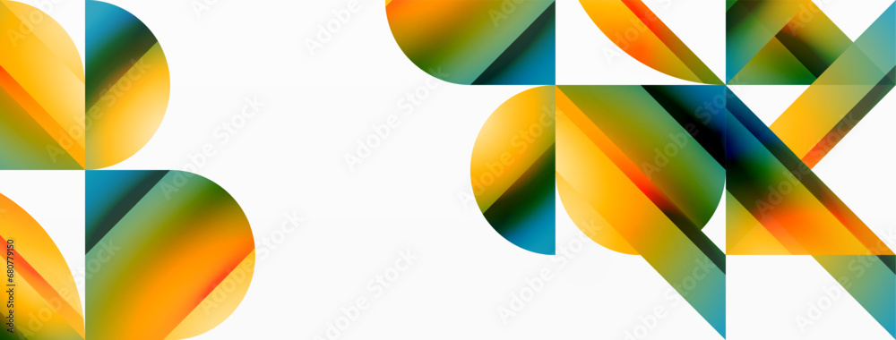 Obraz premium Vibrant color triangles and circles on white background intertwine to create captivating and harmoniously balanced composition for digital designs, presentations, website banners, social media posts