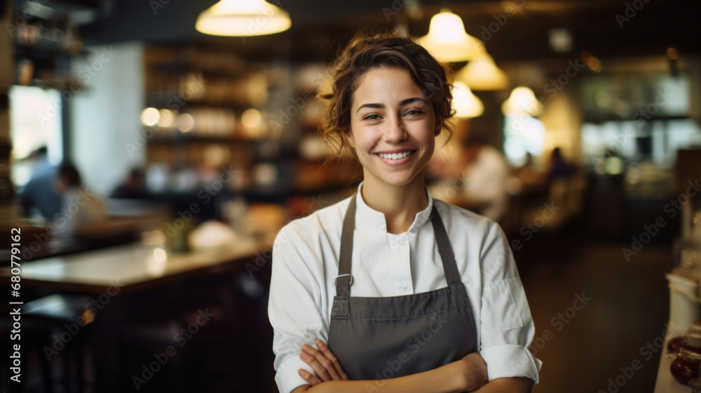 Head Chef, female and portrait of business woman standing arms crossed in a restaurant kitchen. Confident, skilled and professional worker looking at camera for owner, career or hospitality occupatio - obrazy, fototapety, plakaty 