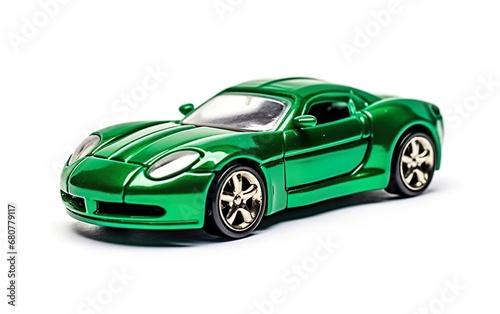 Green plastic sport car isolated on white background. A toy for St Patricks Day poster design  sale banner or greeting birthday card for a boy. Studio light  copy space. AI Generative.