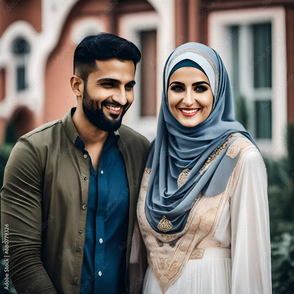 Attractive Muslim happy married couple wearing modern casual clothes. 
