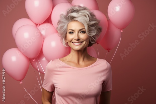 Portrait of attractive attractive mature senior woman in pink dress against background of pink helium party balloons. Valentine’s or Birthday party © Adriana