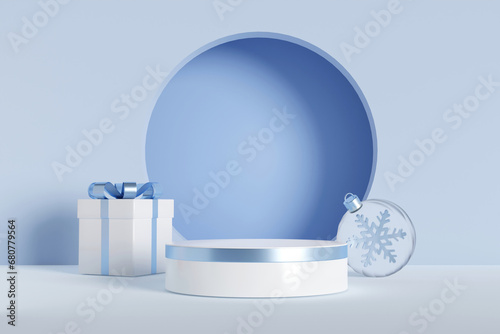3D rendering white and blue product display stand, gift box and bauble on pastel light blue background.