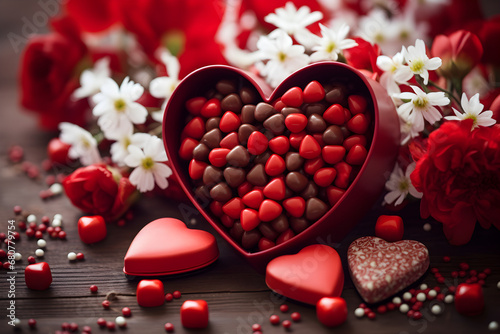 Heart shaped gift box full of valentines chocolates
