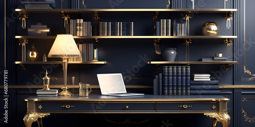 luxury vintage interior of office desk with bookshelf with laptop computer, in the style of dark indigo and light gold