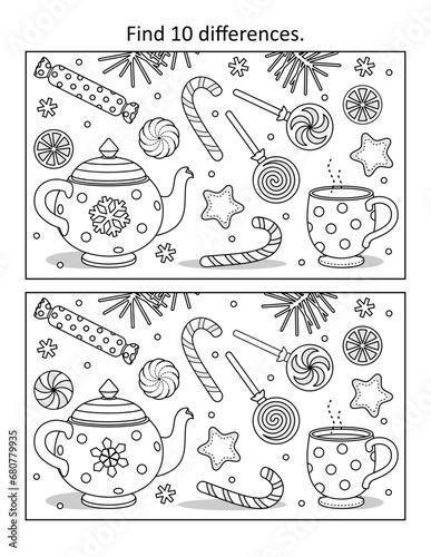 Winter holidays, New Year or Christmas tea party difference game and coloring page with candy and cookies
