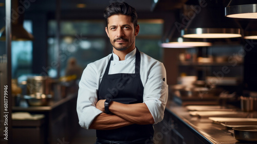 Head Chef  male and portrait of business man standing arms crossed in a restaurant kitchen. Confident  skilled and professional worker looking at camera for owner  career or hospitality occupation