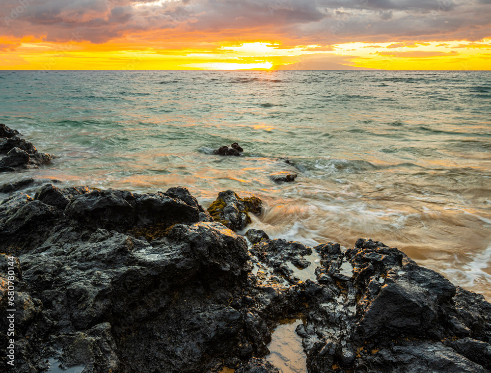 Sunset on Mokapu Beach With Lanai In The Distance, Wailea, Maui, Hawaii, USA