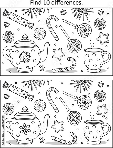 Winter holidays, New Year or Christmas tea party difference game and coloring page with candy and cookies
