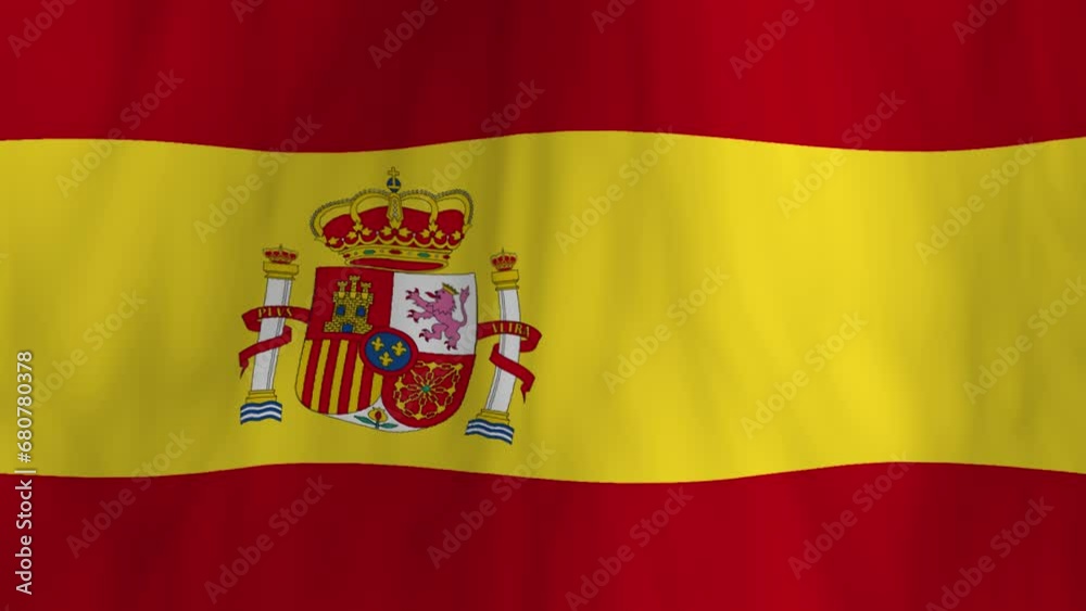 Flag of Spain on a pole waving in the wind against a blue sky background Flag of Spain on a pole waving in the wind against a blue sky background