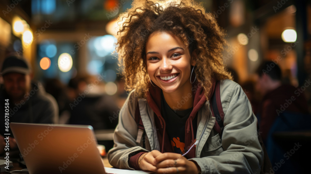 Portrait, woman and student with laptop, cafe and typing with a smile, connection and online reading. Face, female person or girl in restaurant, pc or technology with education, email and university.