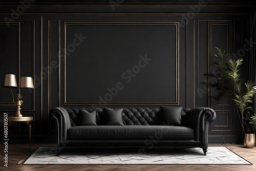 Classic black interior with a sofa, table, carpet, decorations, and wall panel moldings. Illustration mockup in 3D render