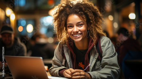 Portrait, woman and student with laptop, cafe and typing with a smile, connection and online reading. Face, female person or girl in restaurant, pc or technology with education, email and university. © Allistair/Peopleimages - AI
