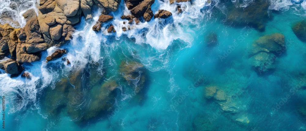 Aerial view of the ocean rocky shore_Generative AI