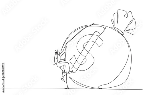 Single continuous line drawing Arabian businessman climbing money bag with rope. Work harder to get very large retirement fund. Bring out abilities to the maximum. One line design vector illustration