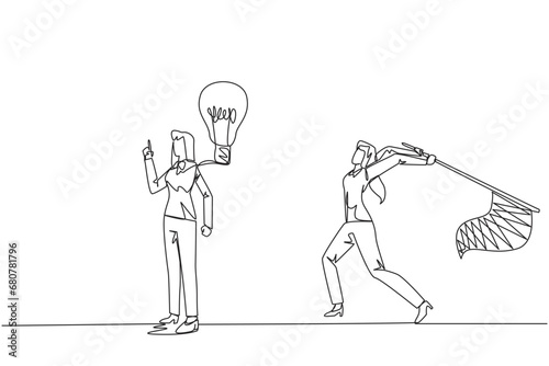 Continuous one line drawing businesswoman who comes up with an idea. Brilliant idea that will be stolen by business partner. Cheating in business. Betrayal. Single line draw design vector illustration