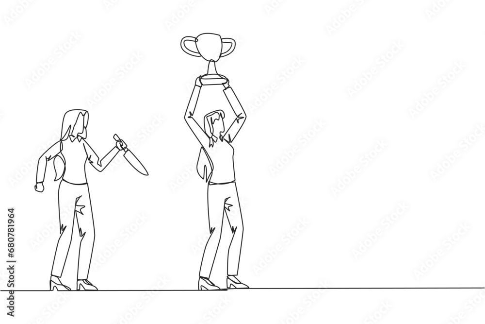 Single continuous line drawing businesswoman standing lifting trophy. Business friends prepare to stab in the back. Unhealthy business competition. The traitor. One line design vector illustration