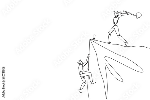 Continuous one line drawing businessman climbs cliff with rope. Almost successful. Rudely dropped by a business friend. Fake partner. The worst teamwork. Single line draw design vector illustration