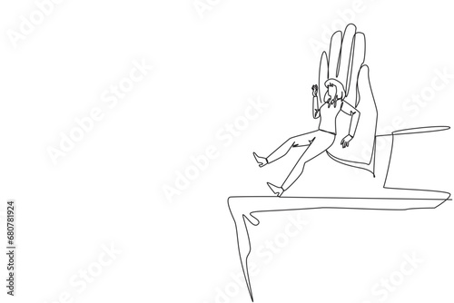 Continuous one line drawing businesswoman standing on edge of a cliff. Something big wants to bring down business. Invisible enemy. Bring down competitor. Single line draw design vector illustration