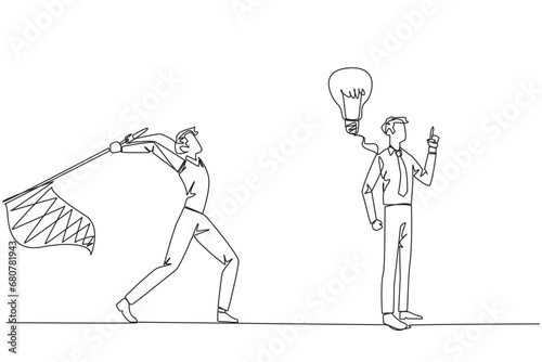 Single one line drawing businessman who comes up with an idea. A brilliant idea that will be stolen by a business partner. Cheating in business. Betrayal. Continuous line design graphic illustration