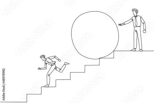 Single one line drawing businessman running down stairs avoiding big ball. Attacked by business friends. Traitor in business. Cheating in business. Betray. Continuous line design graphic illustration