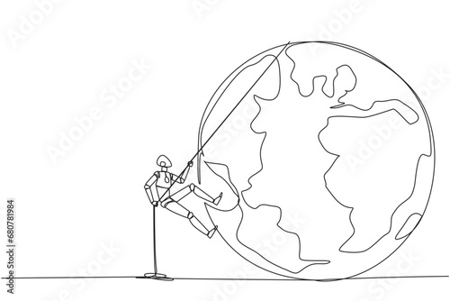 Single continuous line drawing smart robot climbing globe with the rope. Trying dominate the world with massive business expansion. Success reach top of the world. One line design vector illustration
