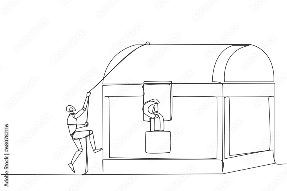 Single continuous line drawing smart robot climbs treasure chest with the rope. Do the best business to achieve lots of rewards. The result of hard work. Satisfied. One line design vector illustration Single continuous line drawing smart robot climbs treasure chest with the rope. Do the best business to achieve lots of rewards. The result of hard work. Satisfied. One line design vector illustration