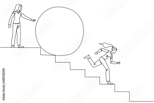 Single continuous line drawing businesswoman running down stairs avoiding big ball. Attacked by business friends. Traitor in business. Cheating in business. Betray. One line design vector illustration