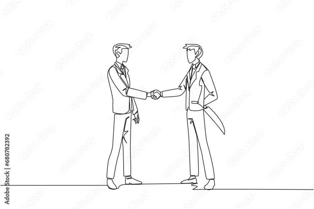 Single continuous line drawing two businessmen shaking hands. One of them holding a knife behind the back. Getting ready to stab. Must win at all costs. Traitor. One line design vector illustration