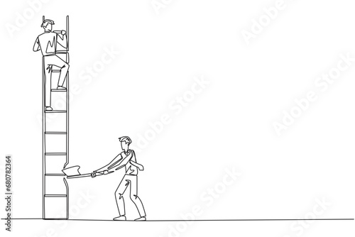 Single one line drawing businessman climbs the ladder to achieve the expected reward. Destroyed silently. Business failed to develop. Destroyed by traitors. Continuous line design graphic illustration