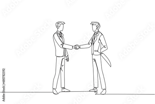 Single continuous line drawing two businessmen shaking hands. One of them holding a knife behind the back. Getting ready to stab. Must win at all costs. Traitor. One line design vector illustration
