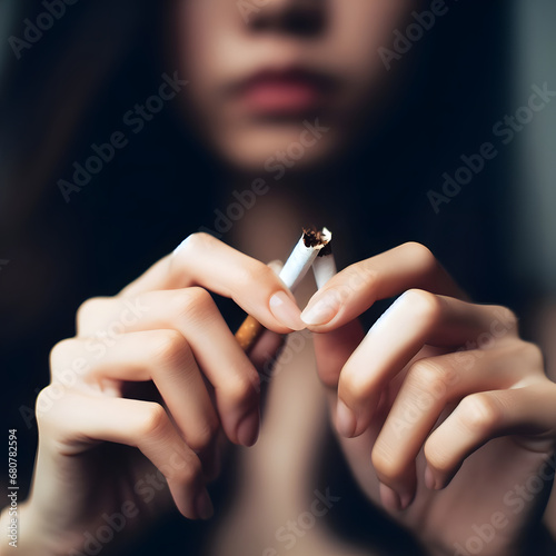 woman against smoking  breaking a cigarette to protect her health. Generative AI