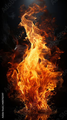 Flame, fire and blaze in a studio with dark background by mockup space for orange explosion in abstract. Burning, heat and pattern movement for fireplace, barbecue and hot danger by black backdrop