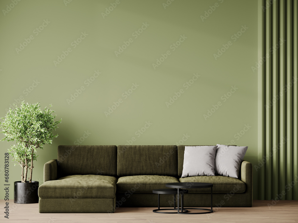 Living room in green and olive colors furniture. Mockup empty large room interior. Design in minimal modern trend style. Premium rich lounge, hall, office, reception. Blank painted wall. 3d render Living room in green and olive colors furniture. Mockup empty large room interior. Design in minimal modern trend style. Premium rich lounge, hall, office, reception. Blank painted wall. 3d render