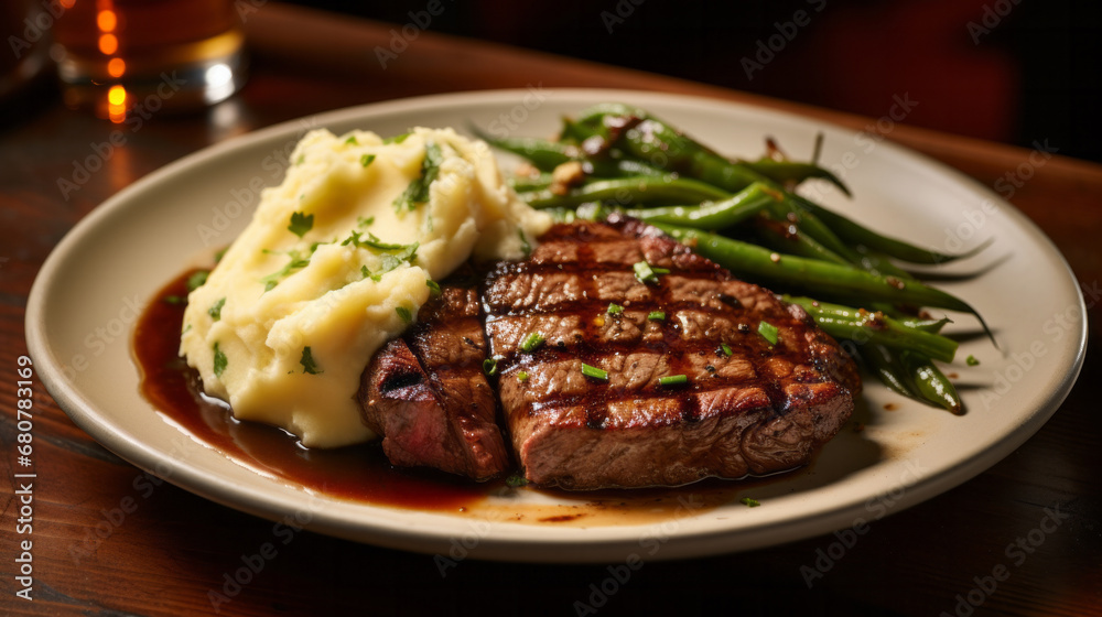 Grilled steak, mash potato and green beans on a plate for chef, fine dining and dinner ideas. Food photography, meal and cuisine closeup for wellness restaurant and traditional on a dark background