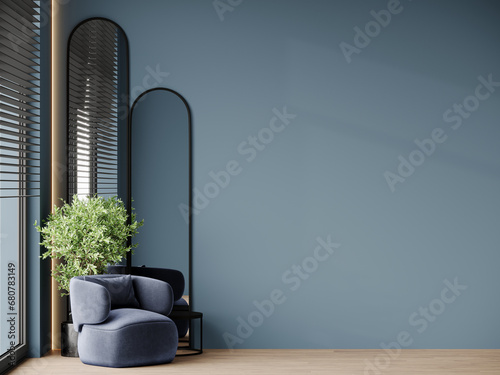 Deep dark livingroom with blue navy empty paint wall, decor mirrors, armchair. Accent indigo cyan color. Mockup for art or picture. Modern interior design room - minimalist lounge reception. 3d render