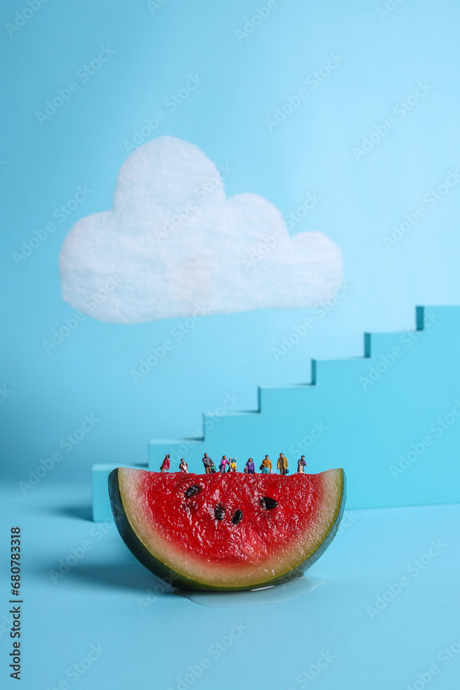 Watermelon with people above it over blue background. A symbol of Palestinian. - obrazy, fototapety, plakaty 