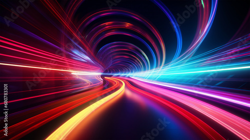 abstract colorful high-speed light trails background, motion effect, neon fastest glowing light, empty space scene, cyber futuristic sci-fi background