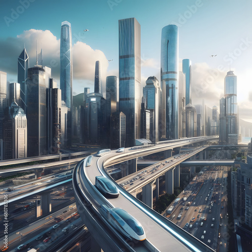 urban traffic with cityscape and skyscrapers future city ai generative