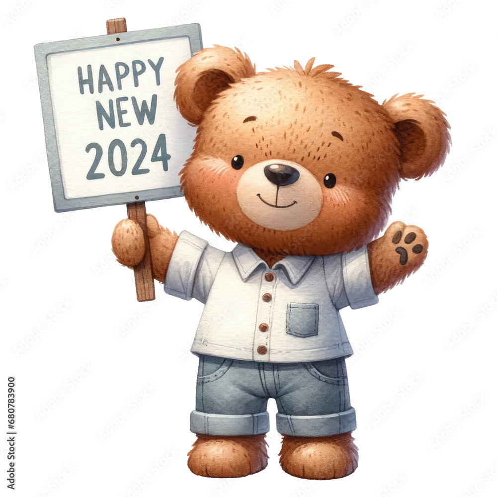 Cute teddy bear holding a placard with text happy new year 2024 isolated on white background Cute teddy bear holding a placard with text happy new year 2024 isolated on white background
