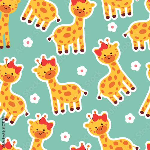 seamless pattern cartoon giraffe and flowers. cute animal wallpaper for textile  gift wrap paper