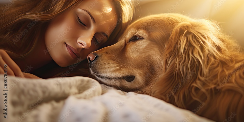 a woman and her dog sleeping together, generative AI