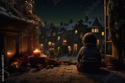 Illustration of a lonely homeless child on Christmas night.