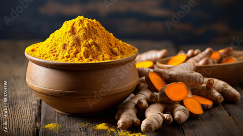 Dry turmeric, fresh root and Indian spice for cooking and traditional cuisine or food. Colourful, fresh and dry seasoning closeup for chefs, culture and organic recipe ingredients on a dark backgroun