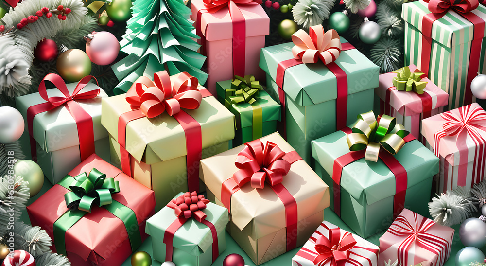 Christmas gift boxes with bows and ribbons 3d render.
