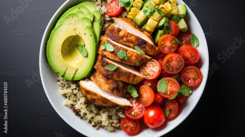 Asian healthy, buddha bowl and lunch with superfood, vegetables or delicious balanced meal for diet, health or weight loss. Tofu, quinoa and mixed bowl for detox, lifestyle, cuisine and restaurant