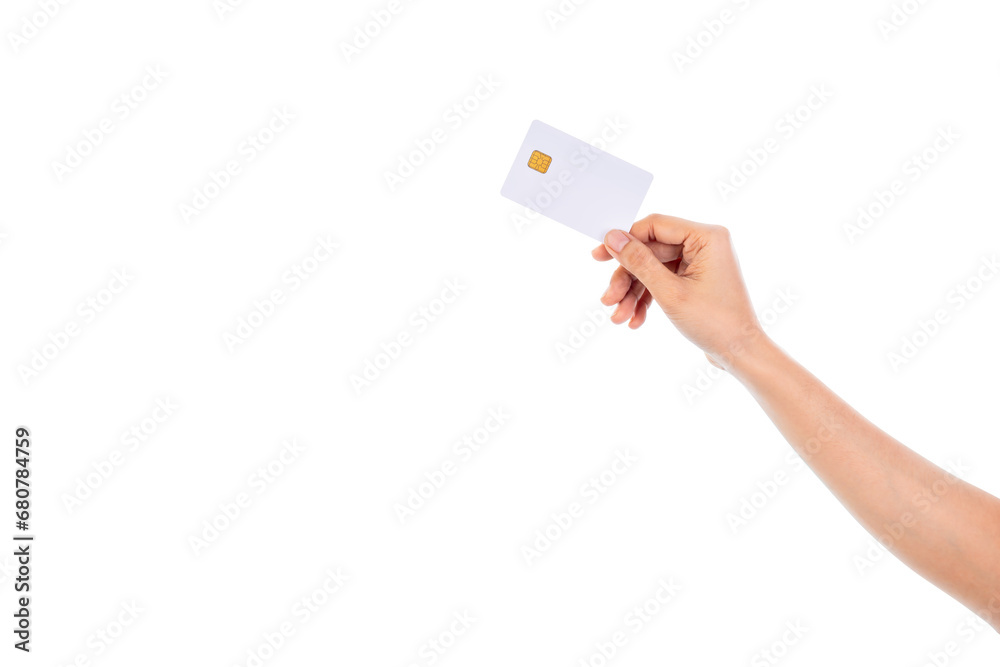 Female Hand holding credit card isolated on white background with clipping path. - obrazy, fototapety, plakaty 