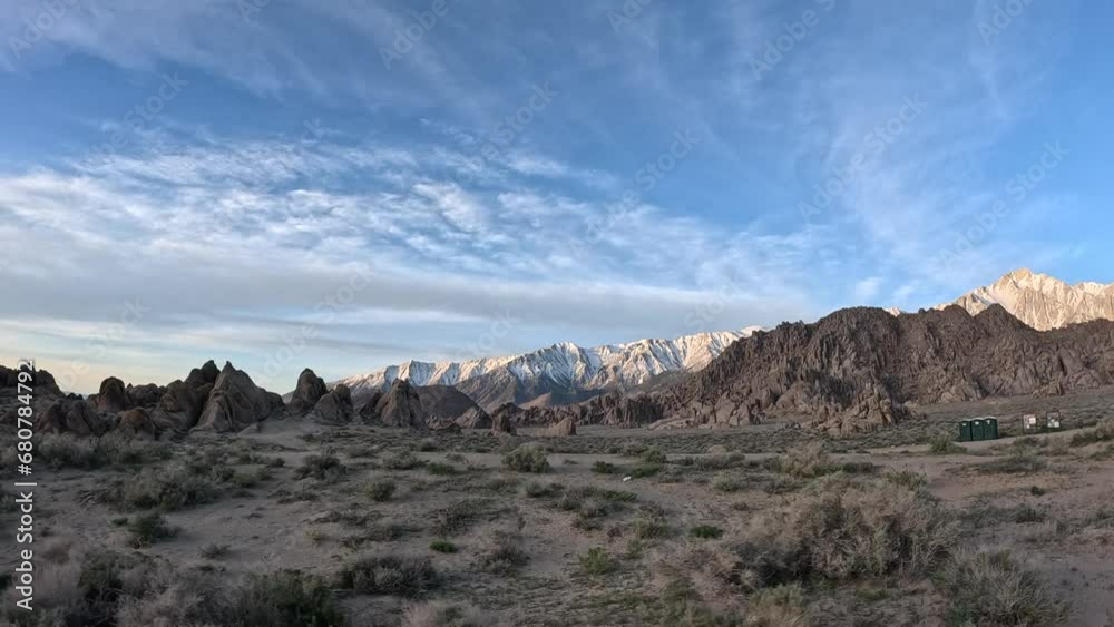 Alabama Hills are rock formations in the Sierra Nevada in the Owens Valley, California - wind angle, low altitude aerial panorama Alabama Hills are rock formations in the Sierra Nevada in the Owens Valley, California - wind angle, low altitude aerial panorama