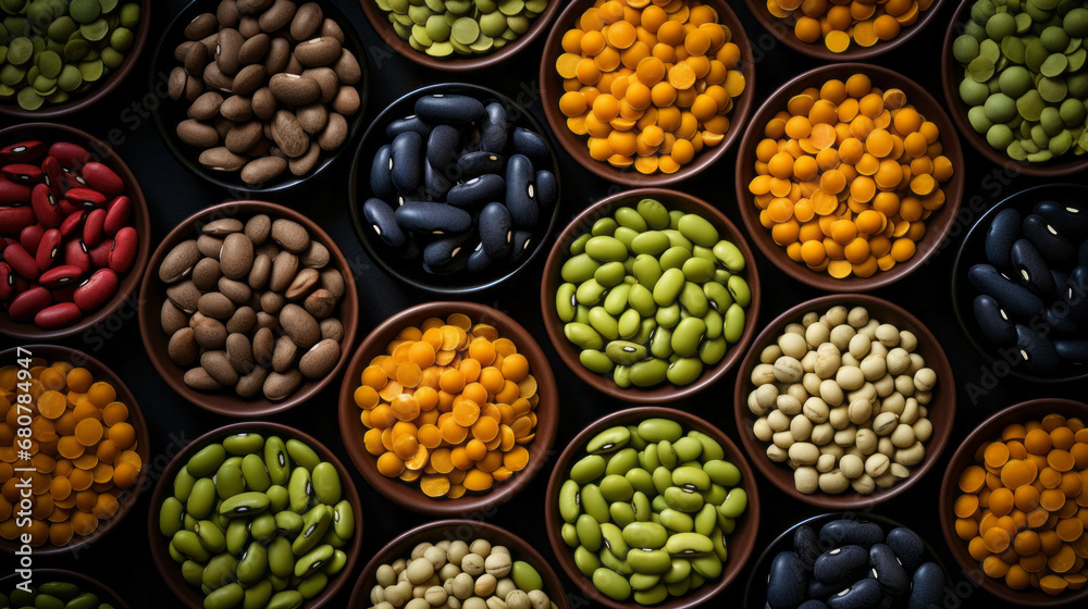 Various legumes, bean and seed flat lay mixture for studio background, eating and health. Colourful, organic and mixed protein food on a table for cooking, ingredients and diet fibre in restaurant Various legumes, bean and seed flat lay mixture for studio background, eating and health. Colourful, organic and mixed protein food on a table for cooking, ingredients and diet fibre in restaurant
